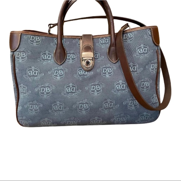 Dooney & Bourke Bag Large Logo Denim Blue Brown Canvas Leather Tote - Picture 2 of 11